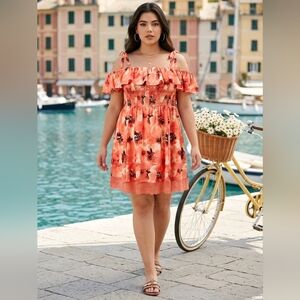 🆕️🏖👙 3X CORAL FLORAL MINI RUFFLE LACE TRIM COVERUP DRESS👙🏖